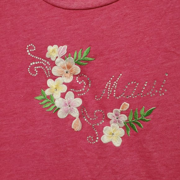 Womens Pink T-Shirt with Embroidered Flowers, Maui in Rhinestones, Size M - Picture 2 of 5